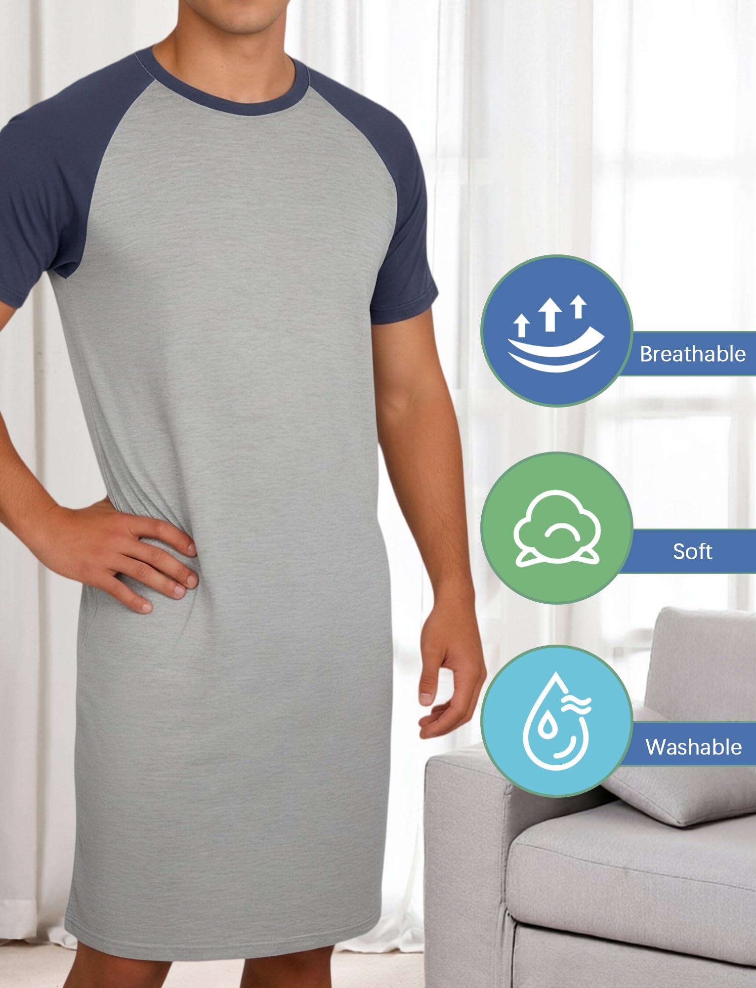 FEOYA Herren Nachthemd Langarm Schlafshirt Kurzarm Männer Einteiliger Schlafanzug Pyjamaoberteil Nachtwäsche Sleepshirt Pyjama Top