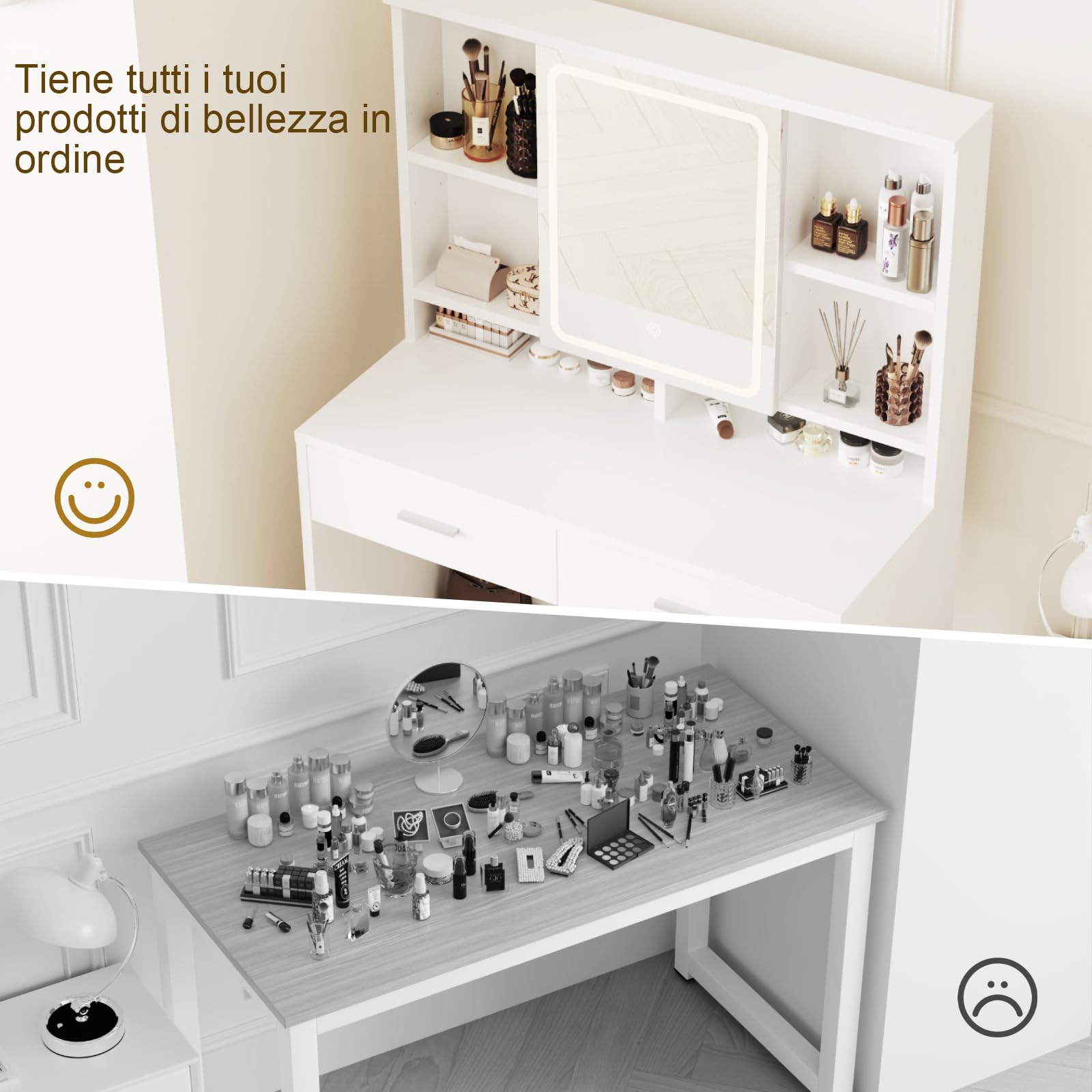 Airfish Toeletta da Trucco con Luci,3 Colori con Luminosità Regolabile,Postazione Trucco con Sgabello,Tavolo da Trucco con 2 Cassetti, Moderno Bianco