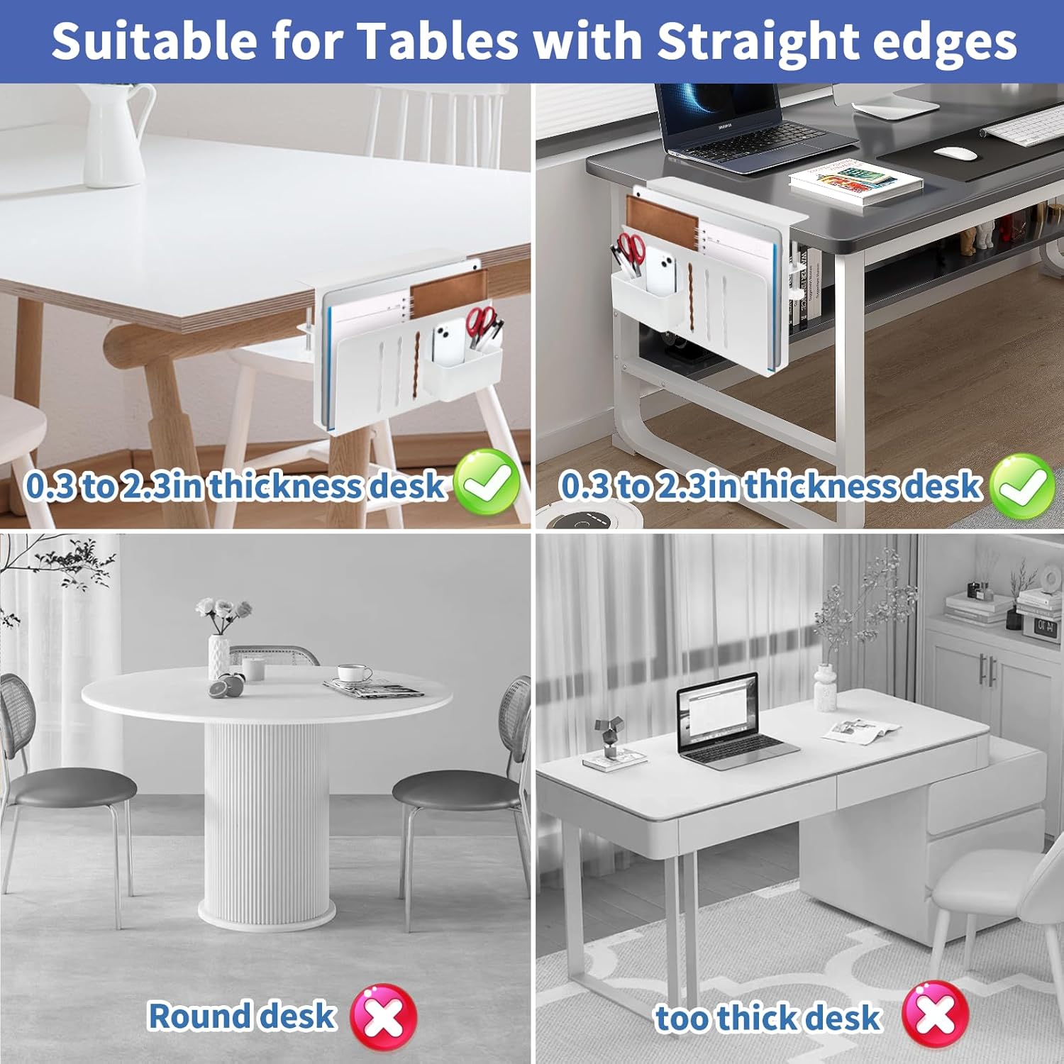Desk Side Storage, Desk Laptop Holder with Magnetic Pen Holder, No Drill Desk Side Organizer for Office and Home Fits Flat Edge 0.3" to 2.3"