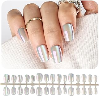 JODSONE White Pearl Metallic Mirror Effect Fake Nails Set - Pearl Glitter Magic Mirror Press On Nails, Metal Chrome Square Stick On Nails Reusable Natural for Women