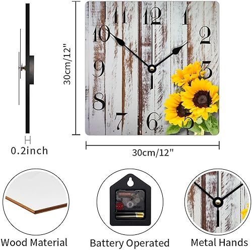Miniatura 2 de Reloj de pared de madera con girasoles con madera rústica vintage que no hace tictac, reloj de pared cuadrado de estilo antiguo estilo campestre