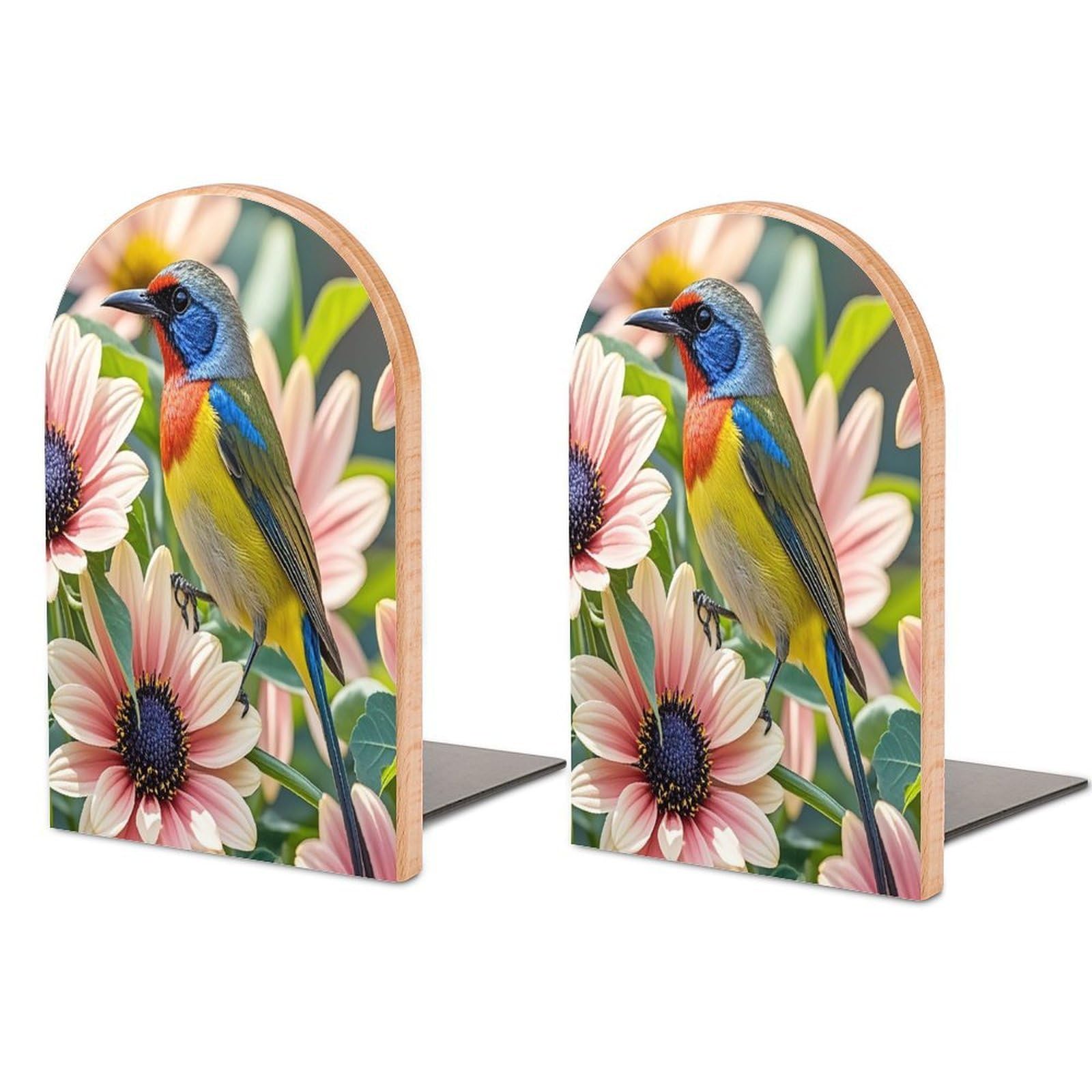 Flowers and Birds Bookend for Shelves Unique Book End Sturdy Books Holder Heavy Duty Wooden Bookends Support Non-Slip Book Organizers Decorative Modern Bookend Holder for Home