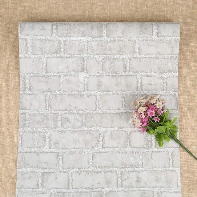 FENTIS Grey Self Adhesive Wallpaper Vintage Brick Effect Wall Sticker Plastic Vinyl Film Peel and Stick Contact Paper Removable Roll for Living Room Bedroom and Kitchen Decoration 44x500cm