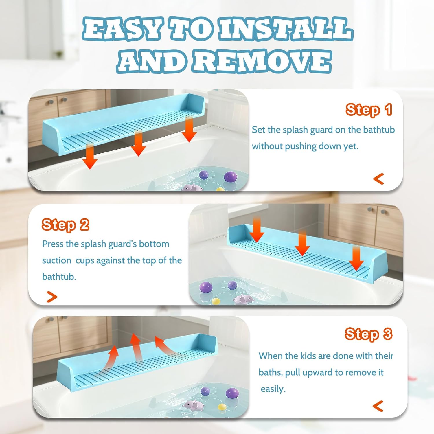 Splash Guard for Bathtub with 11 Suction Cups, 31in Silicone Bath Tub Play Shelf , Bathroom Holder, Bath Accessories Storage, Bath Tray, Bathroom Accessories(Blue)
