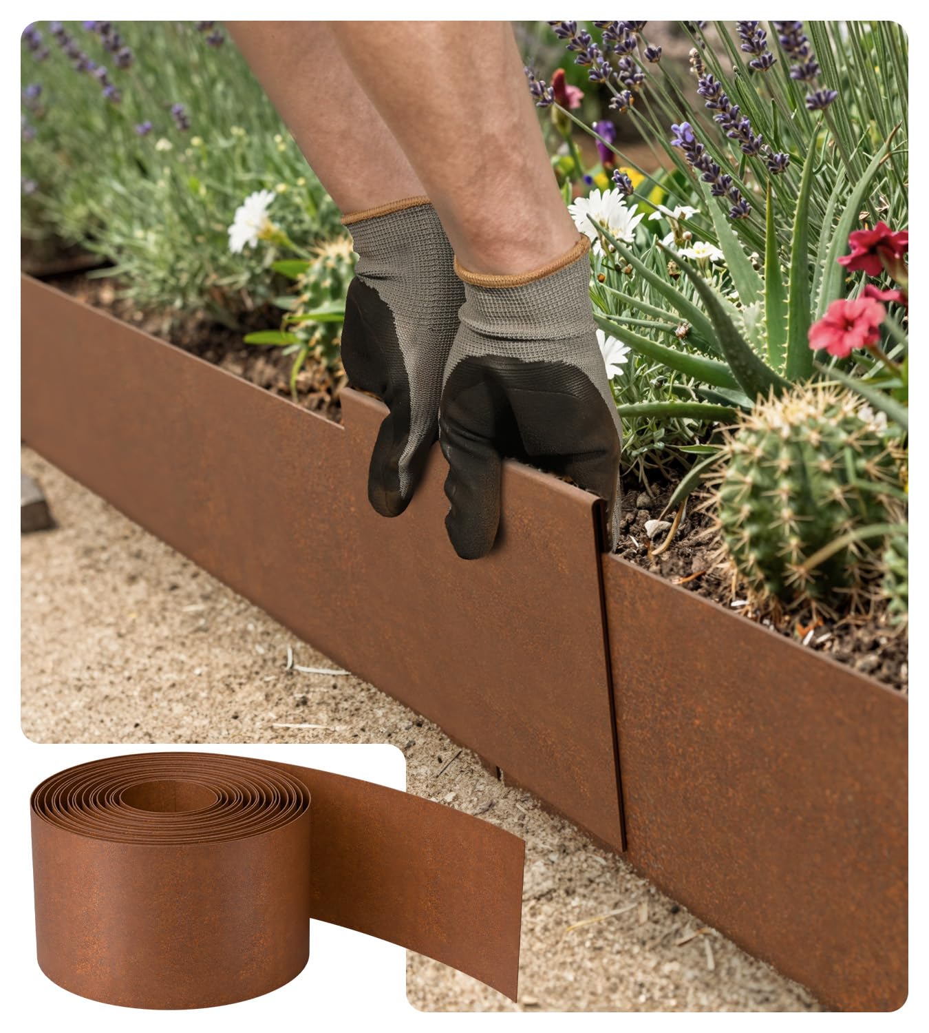 Rasenkante aus Cortenstahl 10 m – Beeteinfassung aus Metall 15 cm hoch, Dicke 0,6 mm – Flexible Beetumrandung mit Rostoptik, inkl. Inklusive einem Paar Handschuhe und einem Metallverbinder