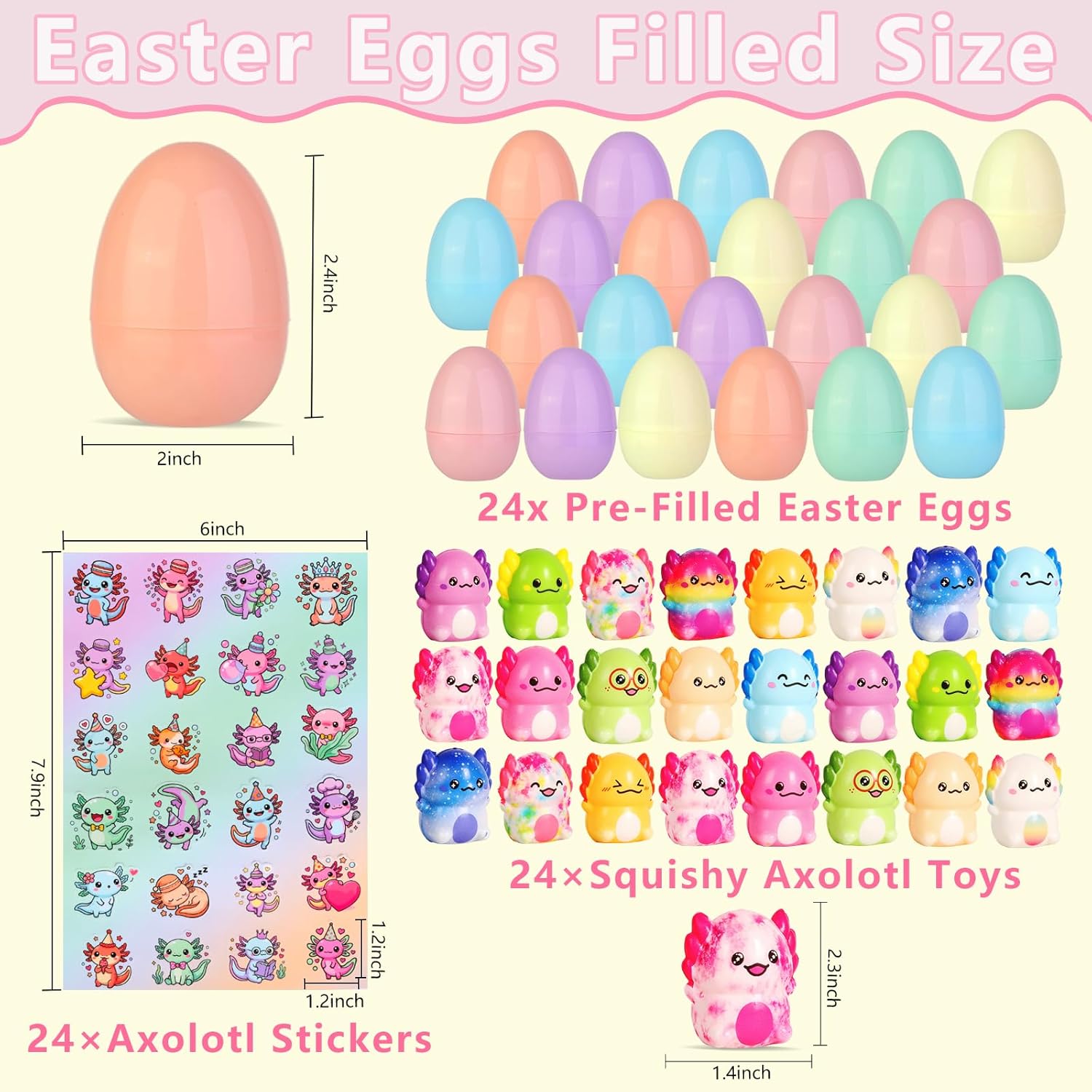 Prefilled Easter Eggs with Toys for Kids Toddlers Bulk - Pre Filled Axolotl Easter Squishy Animal Stuffers Stuffed Egg Hunt Prizes