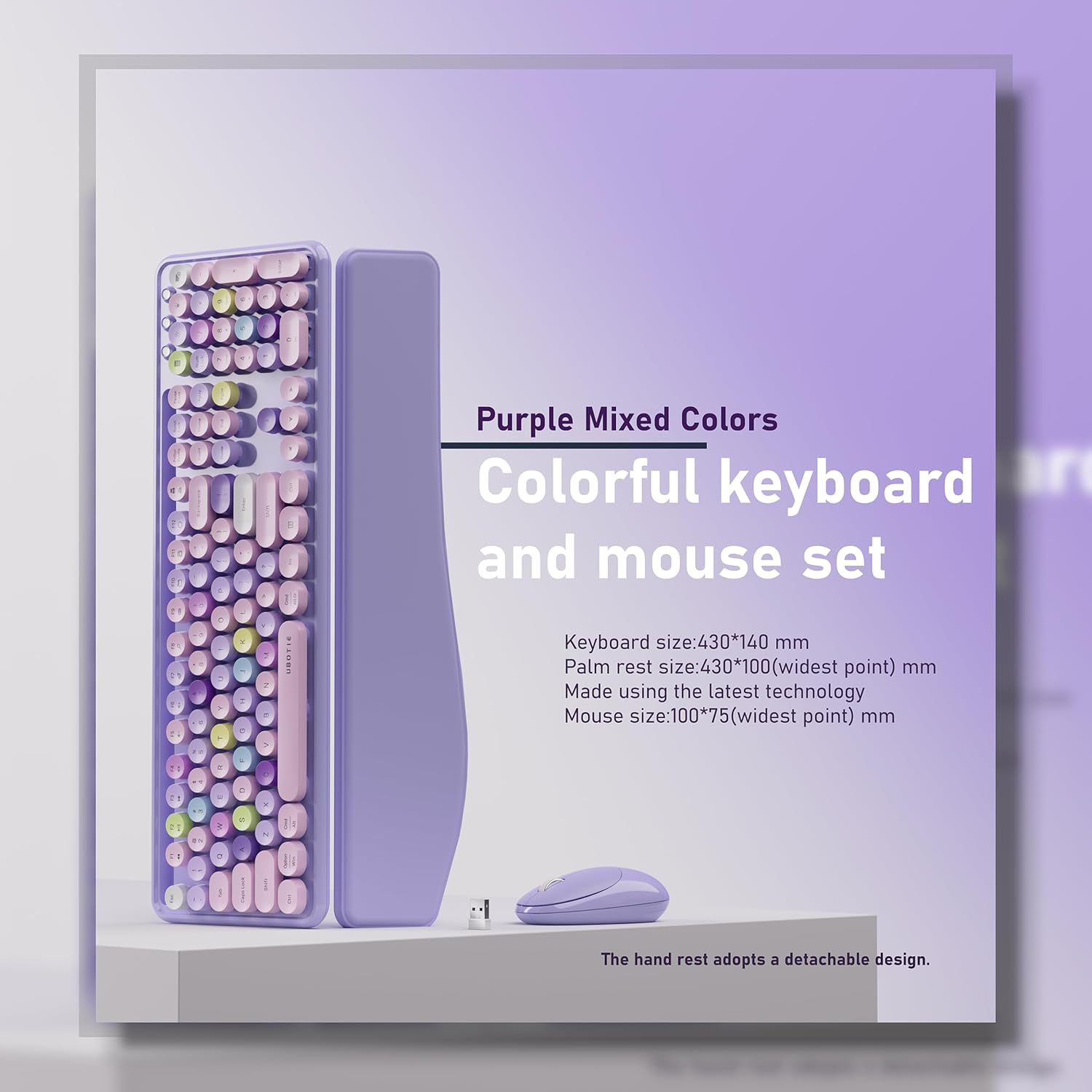 UBOTIE Wireless Keyboard and Mouse Combo with Phone Holder Wrist Rest, Round Colorful Keys, Power Switches, 2.4GHz USB Receiver, Full-Size QWERTY Layout for PC Laptop(Purple Colorful)