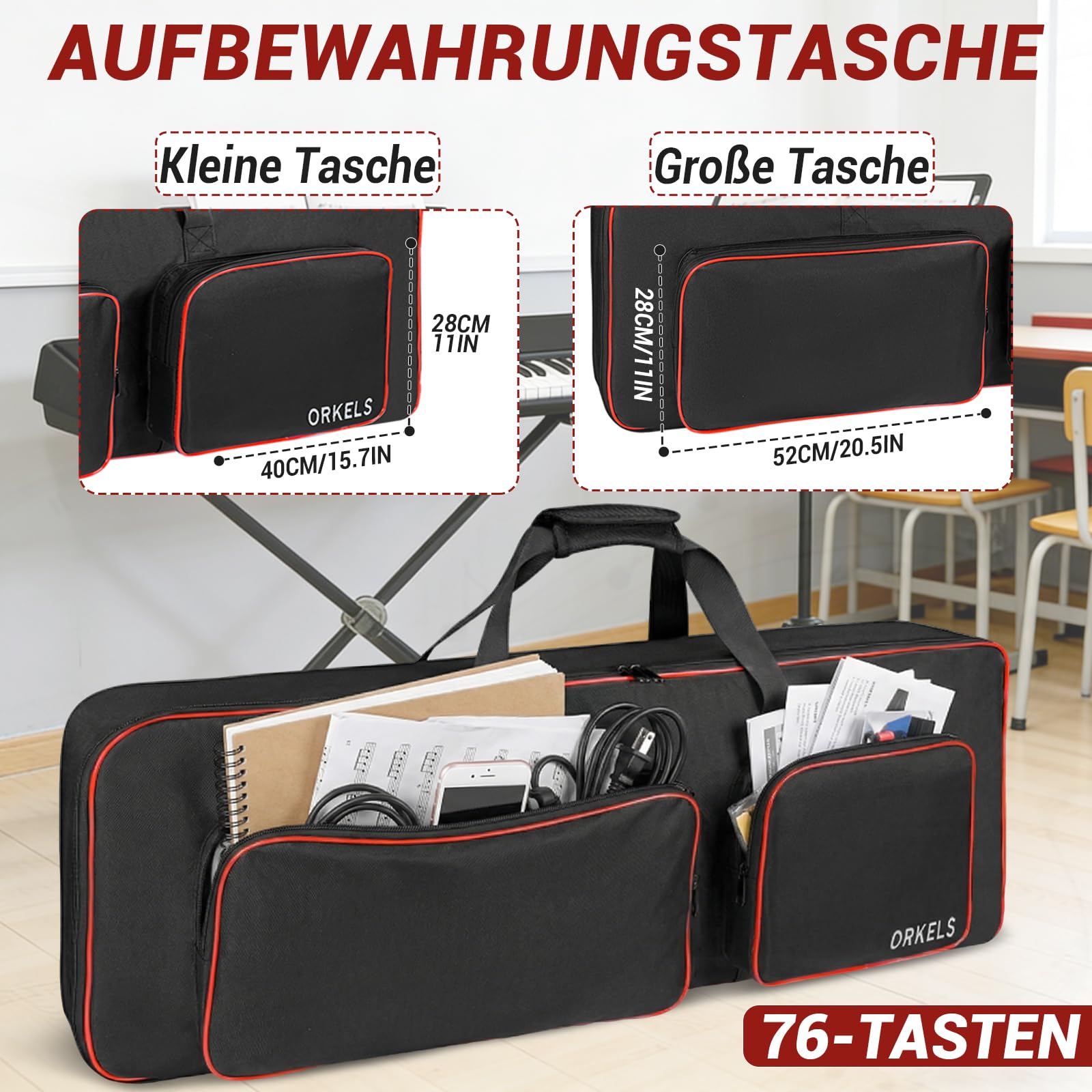 Custodia per tastiera per e-iano, imbottita 600D, impermeabile, con spallacci e scomparto per accessori (76 tasti 120 x 48 x 15,5 cm)