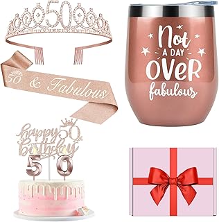 50th Birthday Decorations for Women with 12oz Tumbler/Mug Wine or Coffee, 50th Birthday Sash and Crown, Cake Topper and Candles, 50 Year Old Gifts Idea Rose Gold