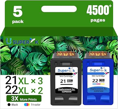 SuperInk Remanufactured High Yield Ink Cartridge Compatible for HP 21XL 21 22XL 22 Work with DeskJet D1520 D2345 F4140 F4180 F380 D1320 D1330 Officejet 4315 J3600 J3680 Printer3 Black, 2 Tri-Color