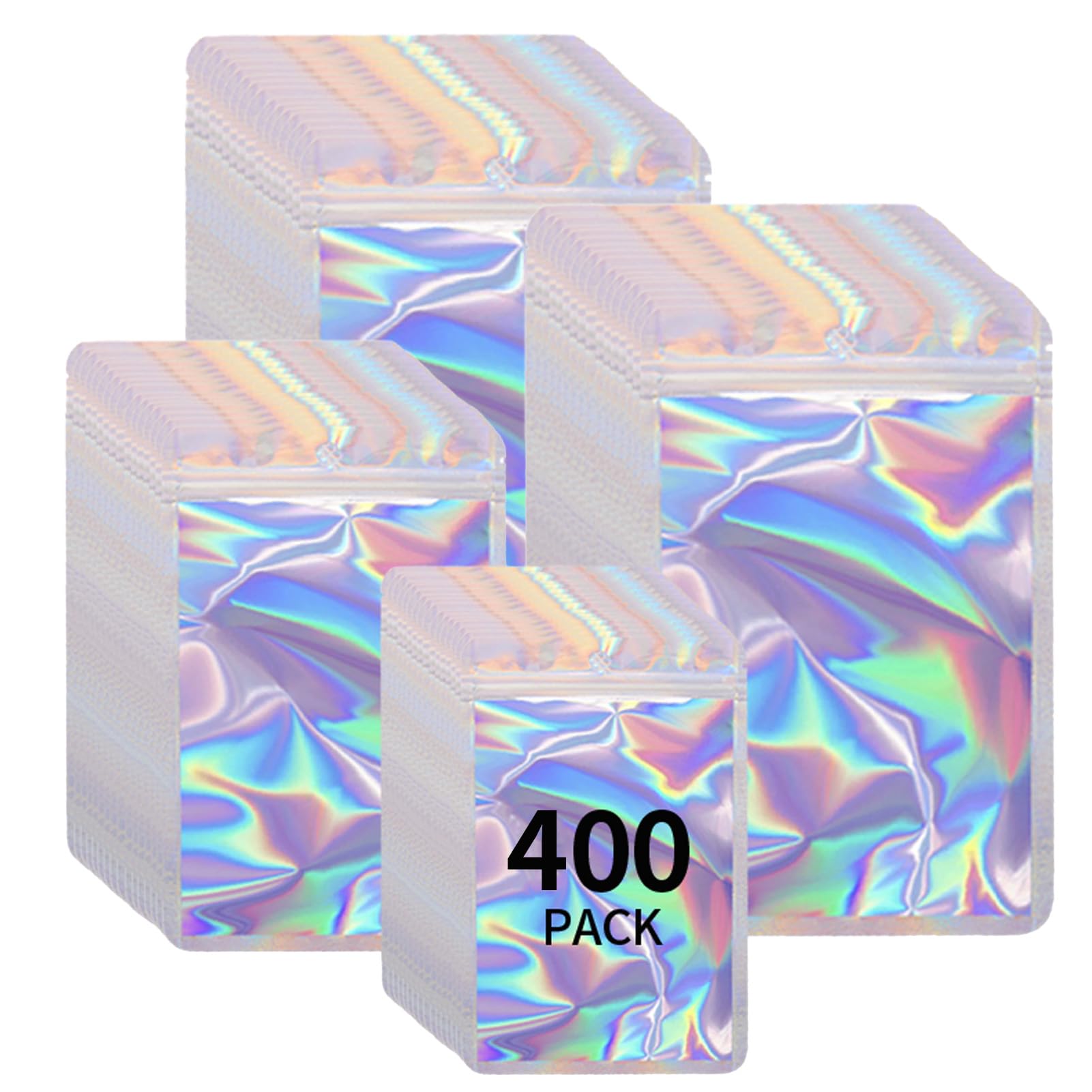 400 Pack 4 Sizes Resealable Mylar Holographic Bags Food Storage Smell Proof Bags with Front Window Foil Packaging Pouch for Sample Jewelry Small