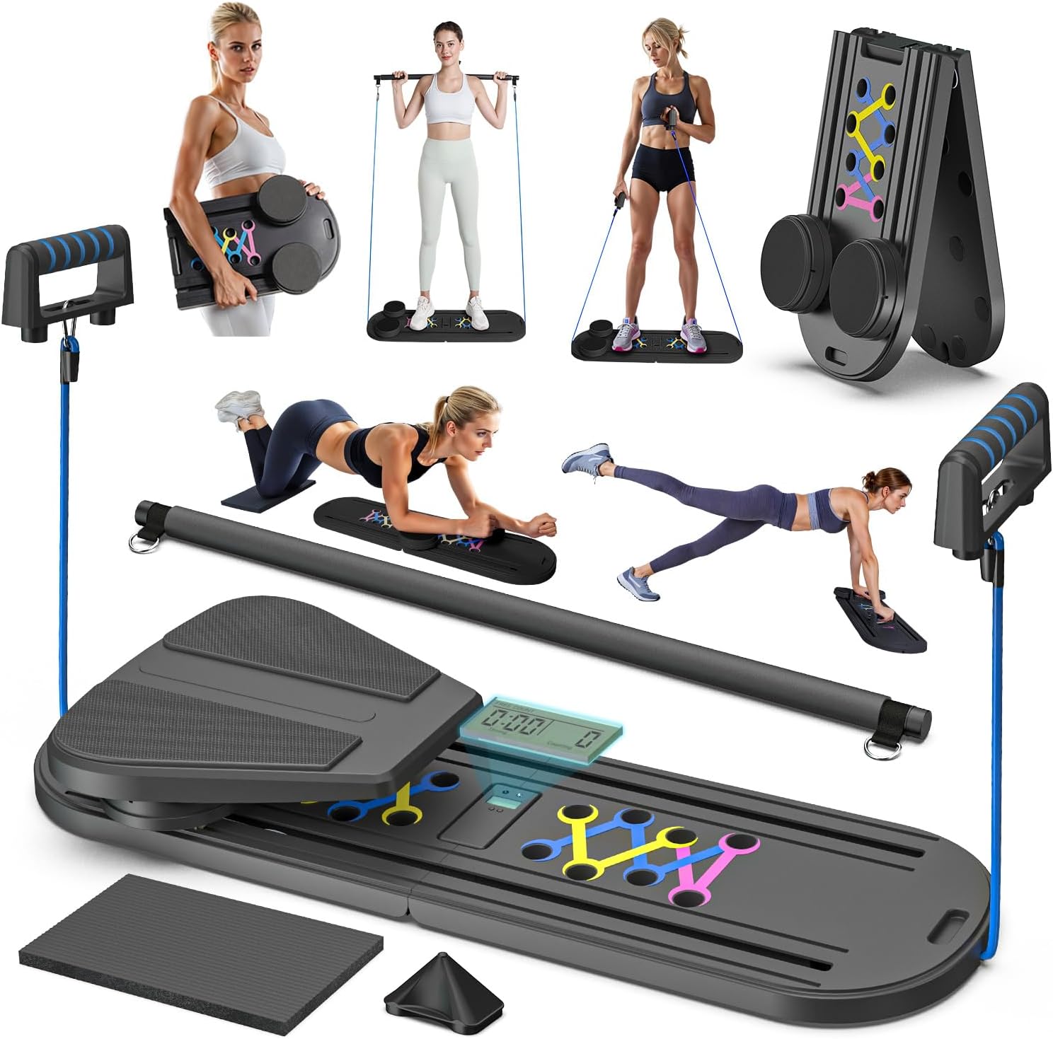 Pilates Board Pilates Reformer Set, Pilates Board for Home Workout Foldable Pilates Reformer Board for Women, 6 in 1 Multifunctional Pilates Equipment