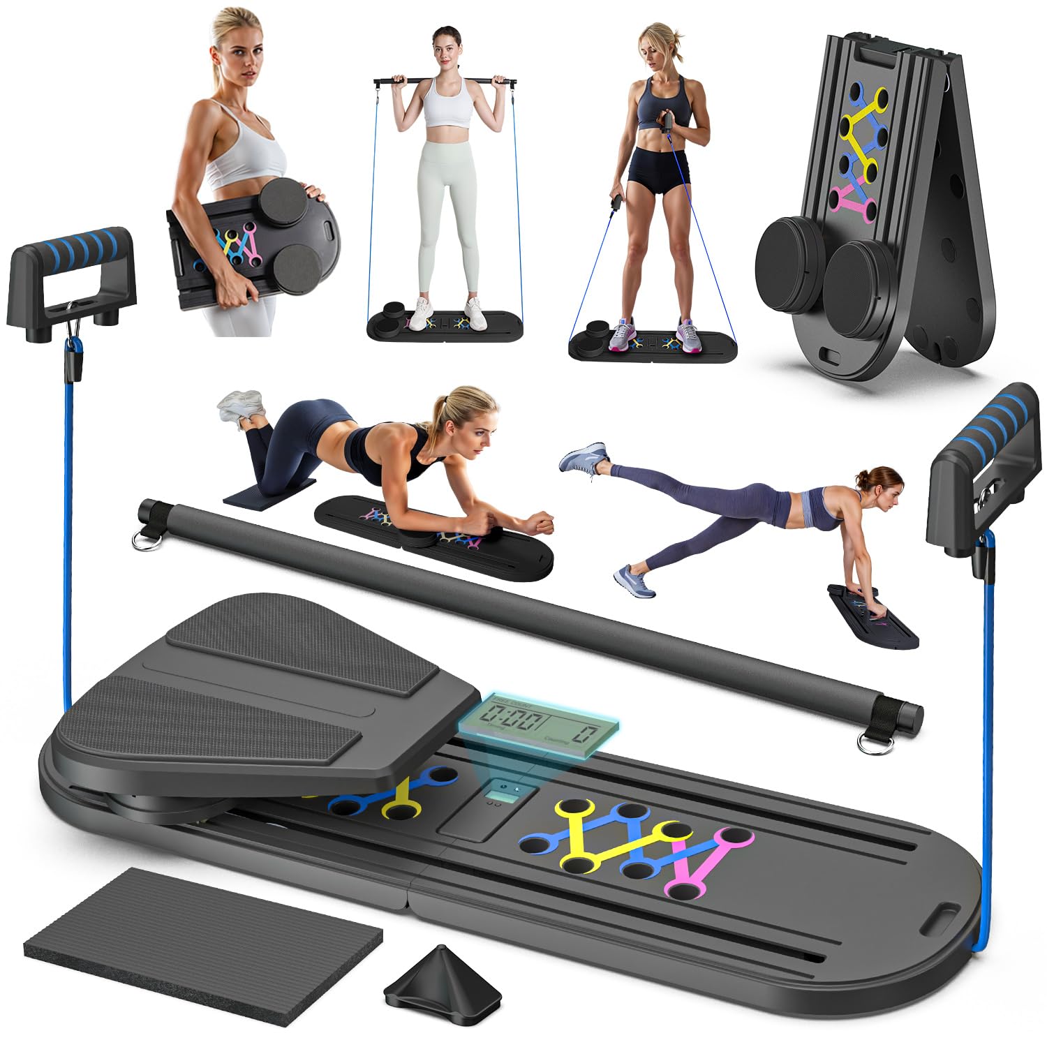 FUNWICT Pilates Board Pilates Reformer Set, Pilates Board for Home Workout Foldable Pilates Reformer Board for Women, 6 in 1 Multifunctional Pilates
