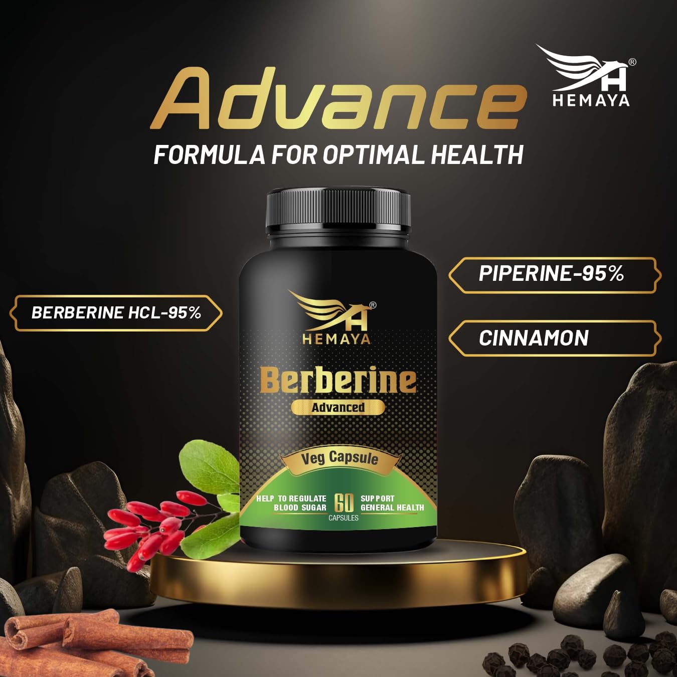 HEMAYA Berberine Supplement HCL 95% Highly Purified - 500MG Per Serving Veggie Capsules | With Piperine & Cinnamon | For Optimal Health- 60 Capsule (Pack of 1) HEMAYA Berberine Supplement HCL 95% Highly Purified - 500MG Per Serving Veggie Capsules | With Piperine & Cinnamon | For Optimal Health- 60 Capsule (Pack of 1)