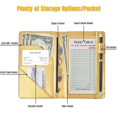 Miniatura 2 de Libretas para camarera, organizador con bolsillo con cremallera, lindo libro de servidor, cartera de cuero para camarero, folleto de chequera,