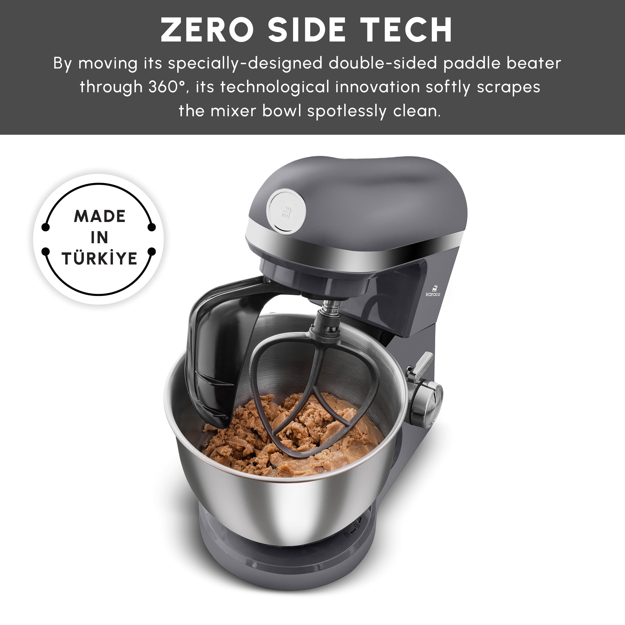 Karaca Mastermaid Chef Pro Double Armed Küche Koch 1500W Space Gray, Glänzend Cream, 1500W, 5 L Mixer, Food Processor, Geschwindigkeitseinstellung, Knethaken, Verquirlen, Kneten und Mischen