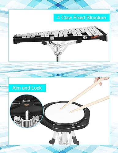 Miniatura 7 de Mr.Power Kit de campana Glockenspiel de 32 notas con almohadilla de práctica de 8 pulgadas, soporte de altura ajustable, clip de partitura musical,