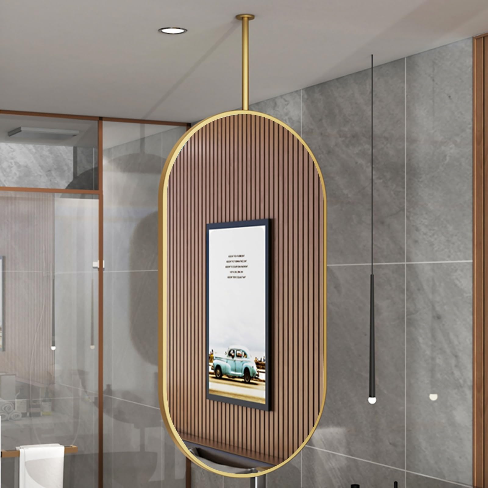 FGXHHS Oval Mirror Ceiling Hanging Rod Bathroom Floating Vanity Makeup Shaving Mirrors with Gold Metal Frame - Booms can be customizable (Size : 40cmx70cm)