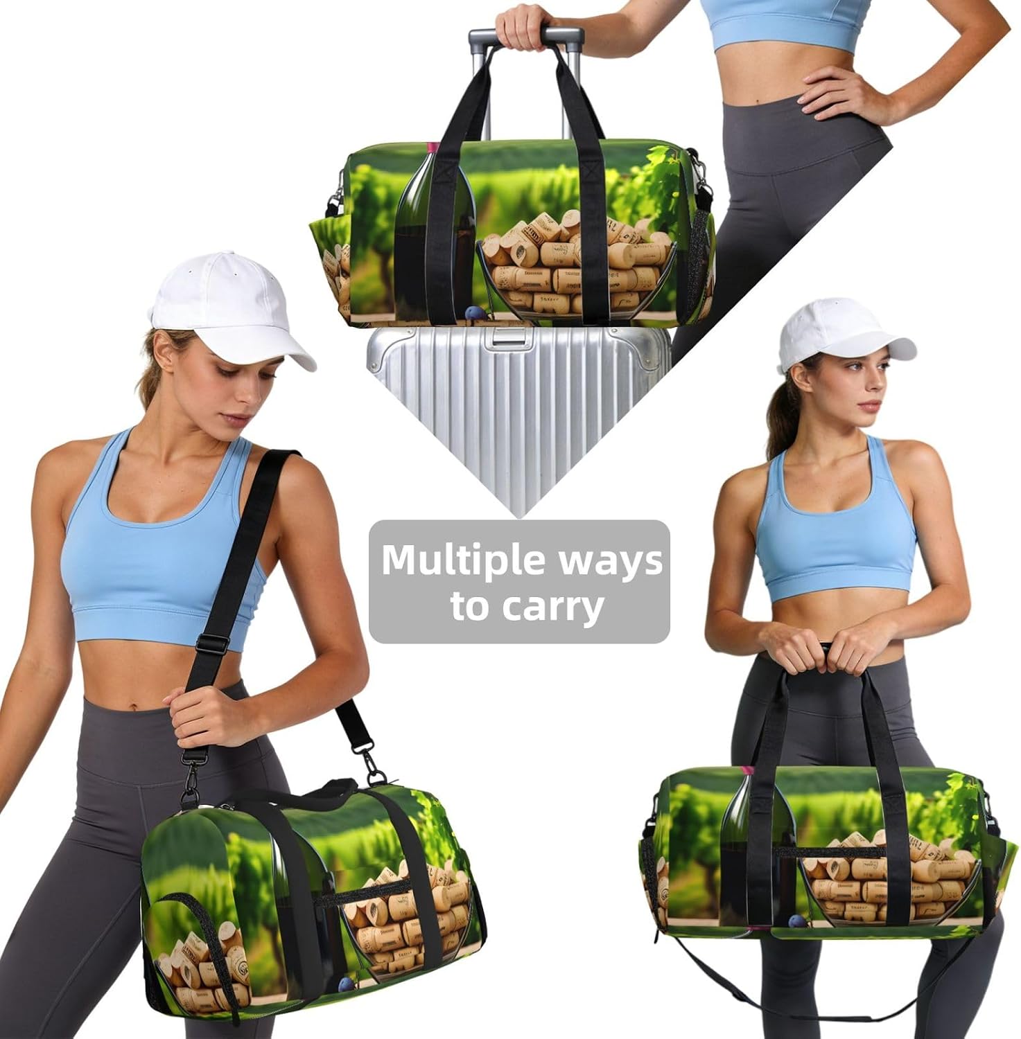 Wine Bottle Corks Grapes Print Handheld Sports Luggage Unisex Crossbody Bag Travel Weekend Fitness Workout image 2