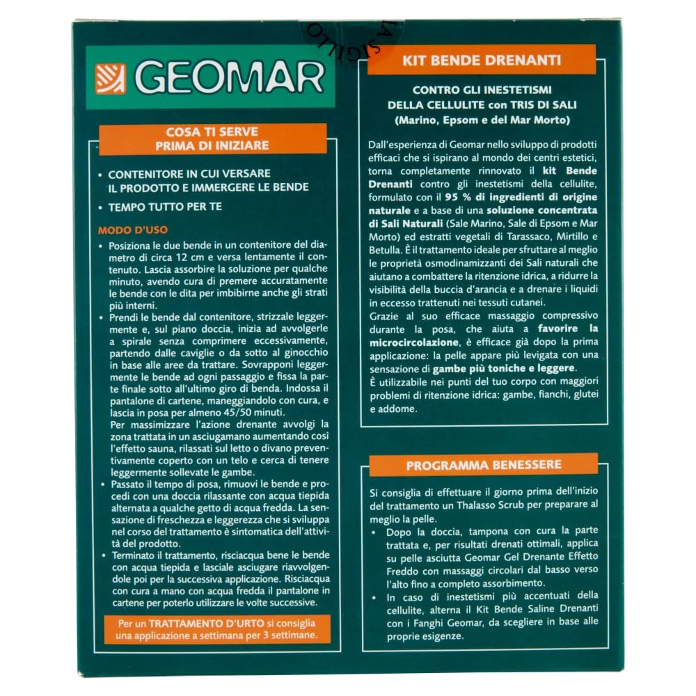 GEOMAR | Kit Bende Drenanti, Contro gli Inestetismi della Cellulite, 95% di Origine Naturale Con Tris Di Sali (Marino, Epsom, Mar Morto), Made in Italy, 140 ml x 3 Applicazioni