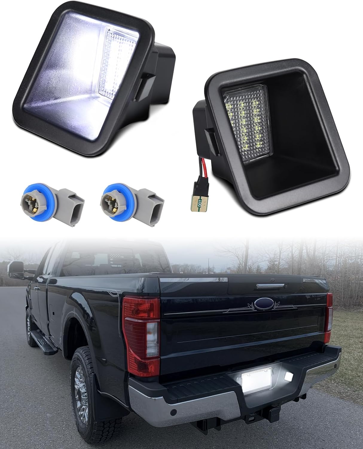 F250 LED License Plate Light Assembly Compatible with 2017-2024 Ford F250 F350 F450 Super Duty Pickup Truck Tag Light Clear Lens with Socket Wiring Harness, 6000K White, 2PCS