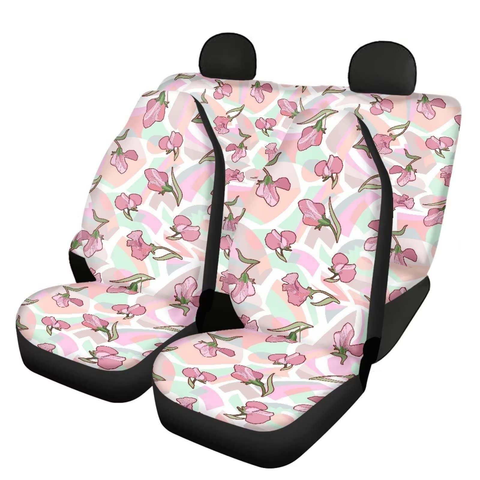 Modysero Floral Flower Print Pink Car Set Cover Full Set Durable Soft Front Rear Bench Seat Cover Set for Women Elastic Breathable Automotive Seat Protector Universal Fit All Cars Trucks