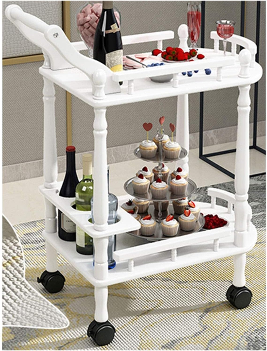 Solid Wood Kitchen Serving Carts Rolling Bar Cart Kitchen Cart,Cart Removable for Kitchen Hotel Wheeled Home Bar Cart Kitchen cart with Storage (Color : 3 (Mute Wheel)) (White (Plastic Wheel))