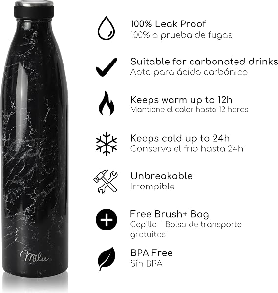 Milu Botella de acero inoxidable 350 ml, 500 ml, 750 ml, 1000 ml, botella de agua aislada, termo a prueba de fugas, apta para ácido carbónico, incluye cepillo de limpieza (granito, 750 ml) - 2
