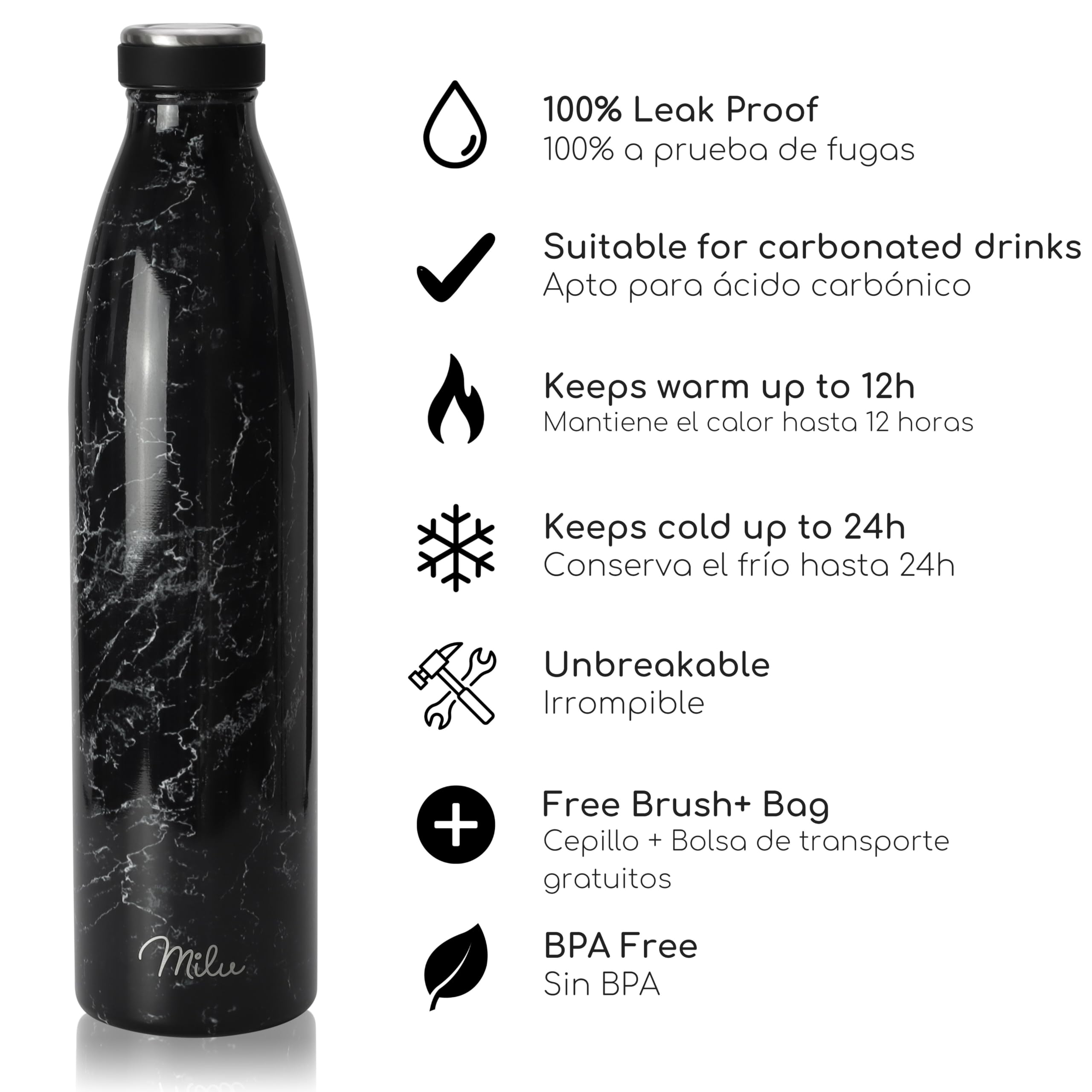 Milu Botella de acero inoxidable 350 ml, 500 ml, 750 ml, 1000 ml, botella de agua aislada, termo a prueba de fugas, apta para ácido carbónico, incluye cepillo de limpieza (granito, 750 ml) — view 2