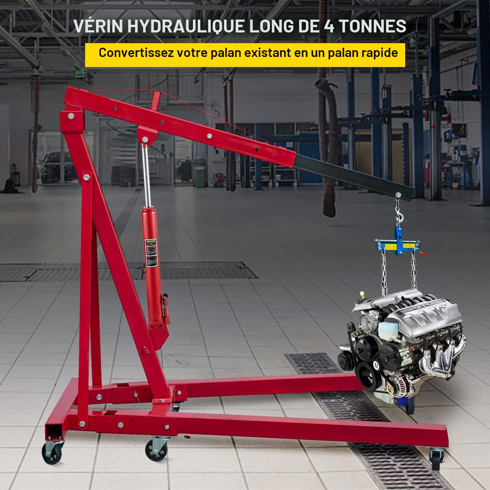 VEVOR Vérin Hydraulique Long pour Grue d'Atelier 4 Tonnes, Cylindre Hydraulique Support Moteur avec Pompe à Simple Piston et Base Plate, Tige Hydraulique pour Chèvre Levage Moteur Entretien, Rouge
