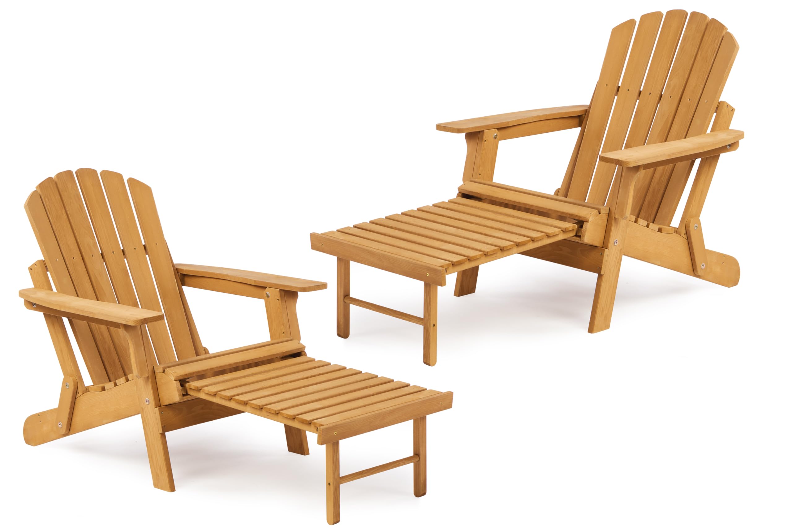 SoliWood Set of 2 Oversized Outdoor Wooden Folding Adirondack Chair with Retractable Ottoman