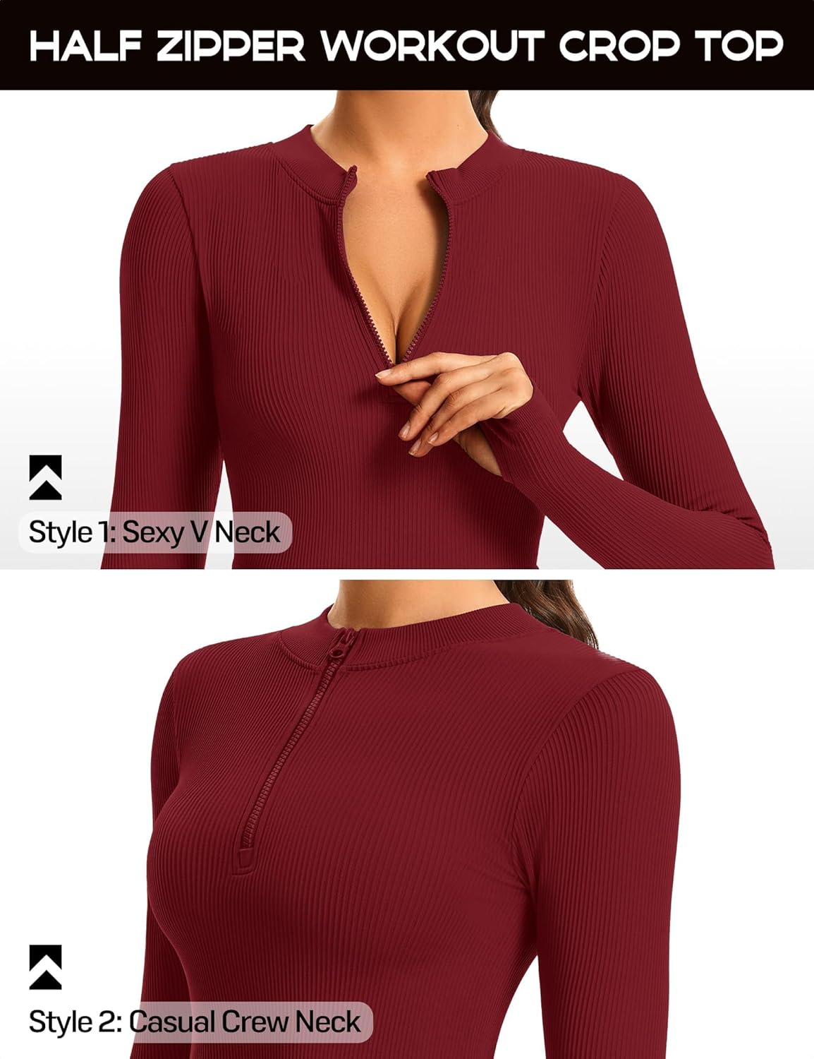 VEQKING Women Long Sleeve Workout Crop Tops Half Zip Pullover Sweatshirt Ribbed Tight Fitted Athletic Shirts with Thumbholes - Image 4