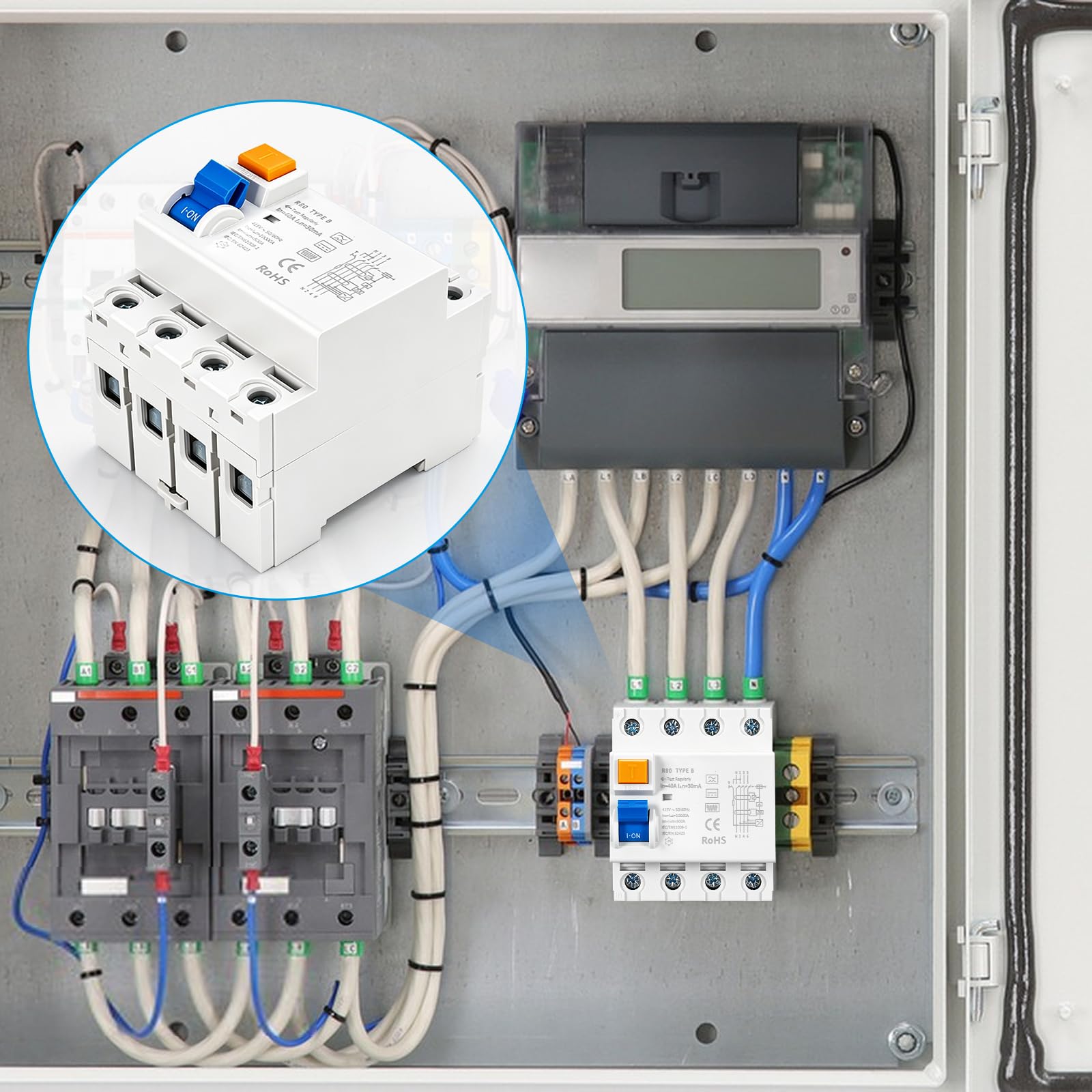 Wyłącznik FI 40A 30mA 4-biegunowy Typ B, wrażliwy na wszystkie prądy RCD Wyłącznik nadprądowy dla fotowoltaiki, Wallbox i falowników, 400V Elektromagnetyczny RCD (R80-4P-40A)