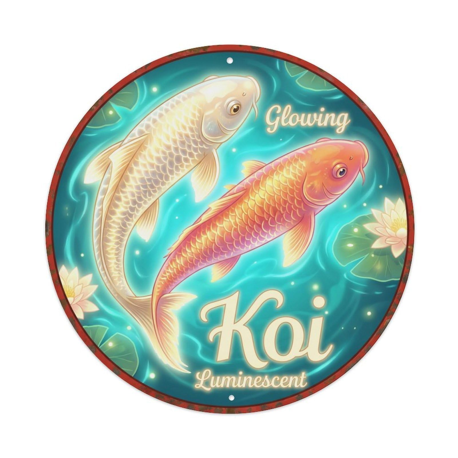 Metal Tin Sign Koi Fish Glowing Luminescent Radiant Bright Waters