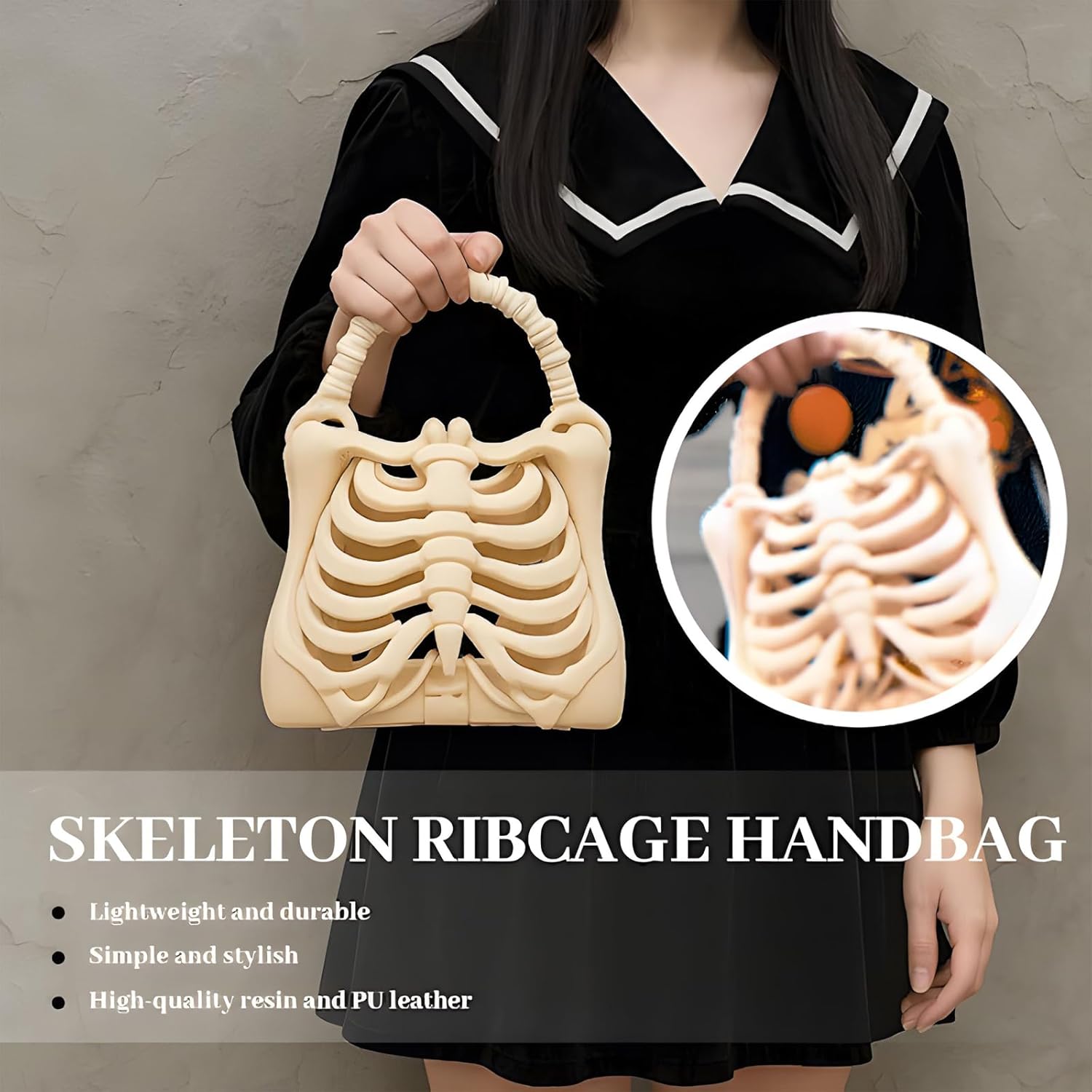 Women Skull Bone Handbag, 3D Printed Skeleton Ribcage Handbag Halloween Purse Novelty Gothic Skeleton Hand Bag - Image 2