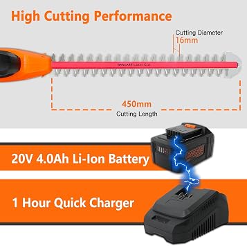 GARCARE Pole Hedge Trimmer Cordless-Hedge Clippers 20V 4.0Ah Li-ion Battery Electric Bush Trimmer 18 Cutting Blade, 16mm Cutting Space with Extension Pole