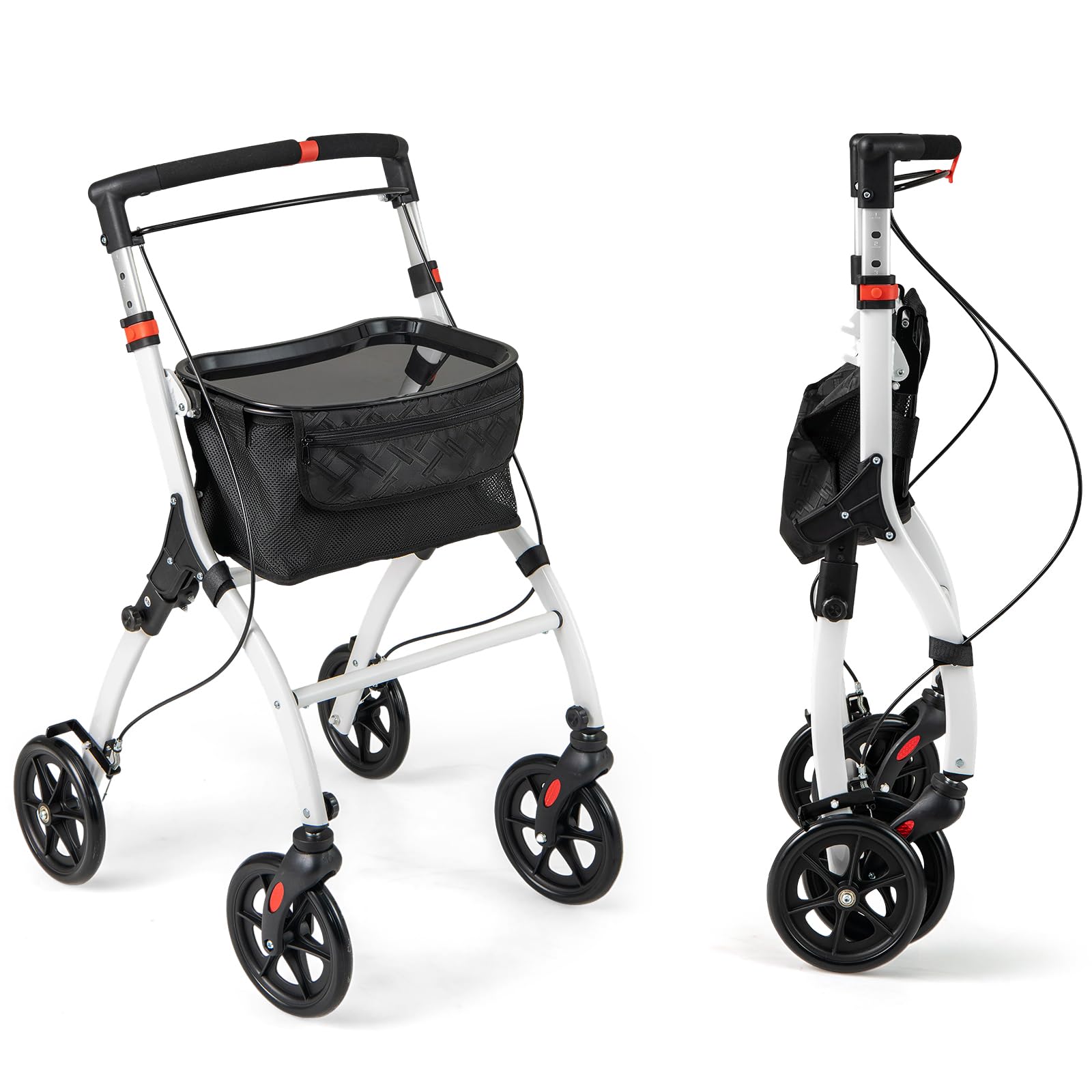 HOMASIS Deambulatore per Anziani con 4 Ruote, Carrello Anziani per Camminare con Borsa di Stoccaggio e Vassoio, Rollator Deambulatore Pieghevole e Regolabile in Altezza per Interni e Esterni