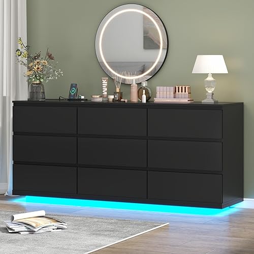 9 Drawer Dresser with Power Outlet, Floating White Dresser Chest of Drawer with LED Light,Modern Double Wide Drawer Organizer Cabinet for Bedroom,Living Room (9 Drawer-Black)
