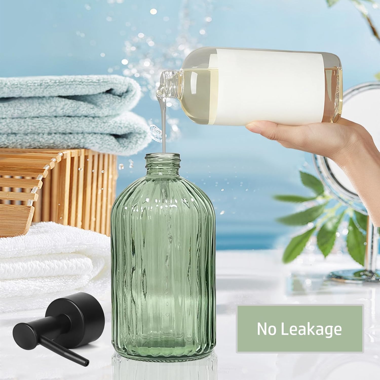 14Oz Green Glass Soap Dispenser with Plastic Pump, for Kitchen, Bathroom