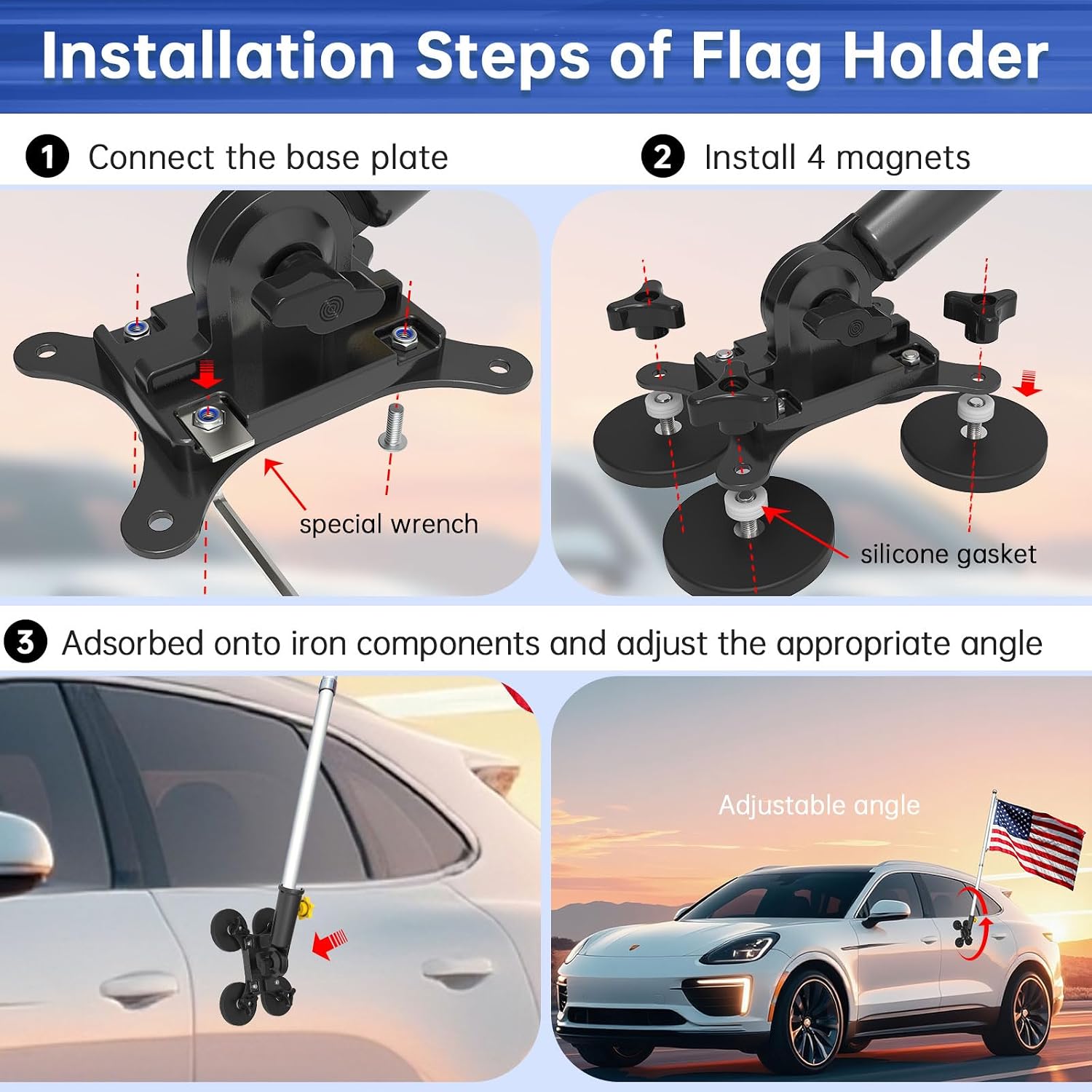 Magnetic Flag Pole Holder for 5th Wheel RV Hitch, Adjustable-Angle Car Flag Pole Mount ,No Drill Flag Pole Mount for Camper, Rv, Trailer, Truck, Van