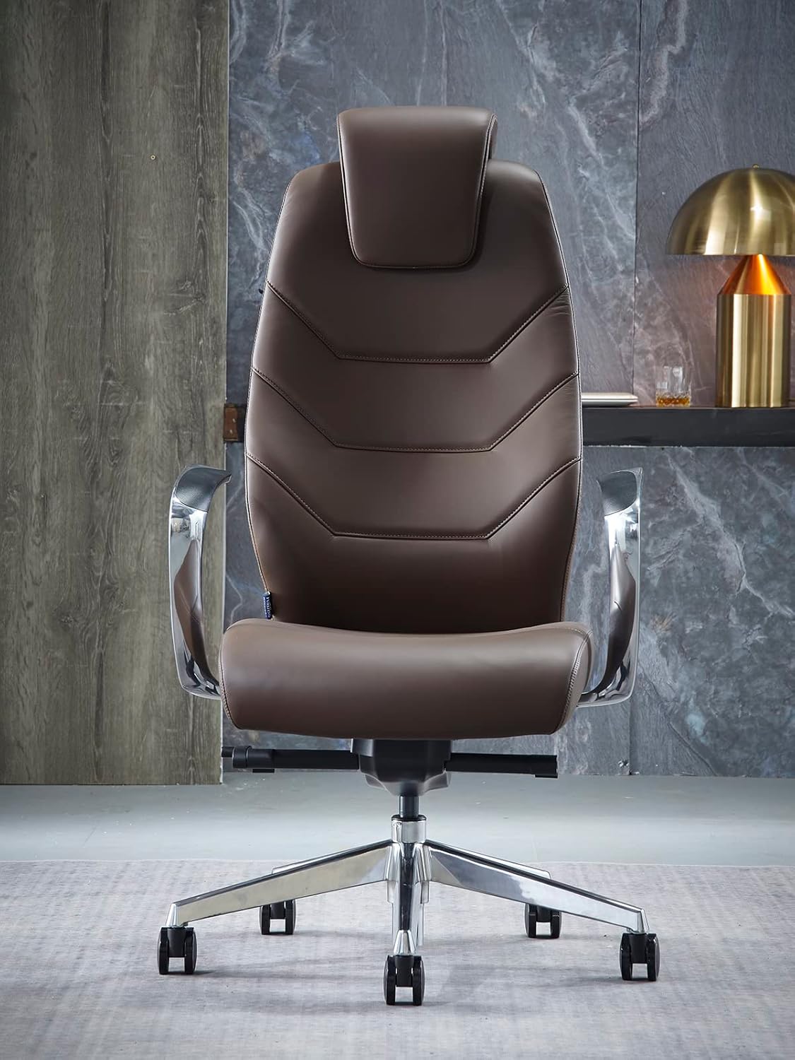 Genuine Leather Office Chair with High Back Aluminum Swivel Base Ergonomic Synchro-Tilt Reclining Mechanism Real Leather Executive Chair- Dark Brown