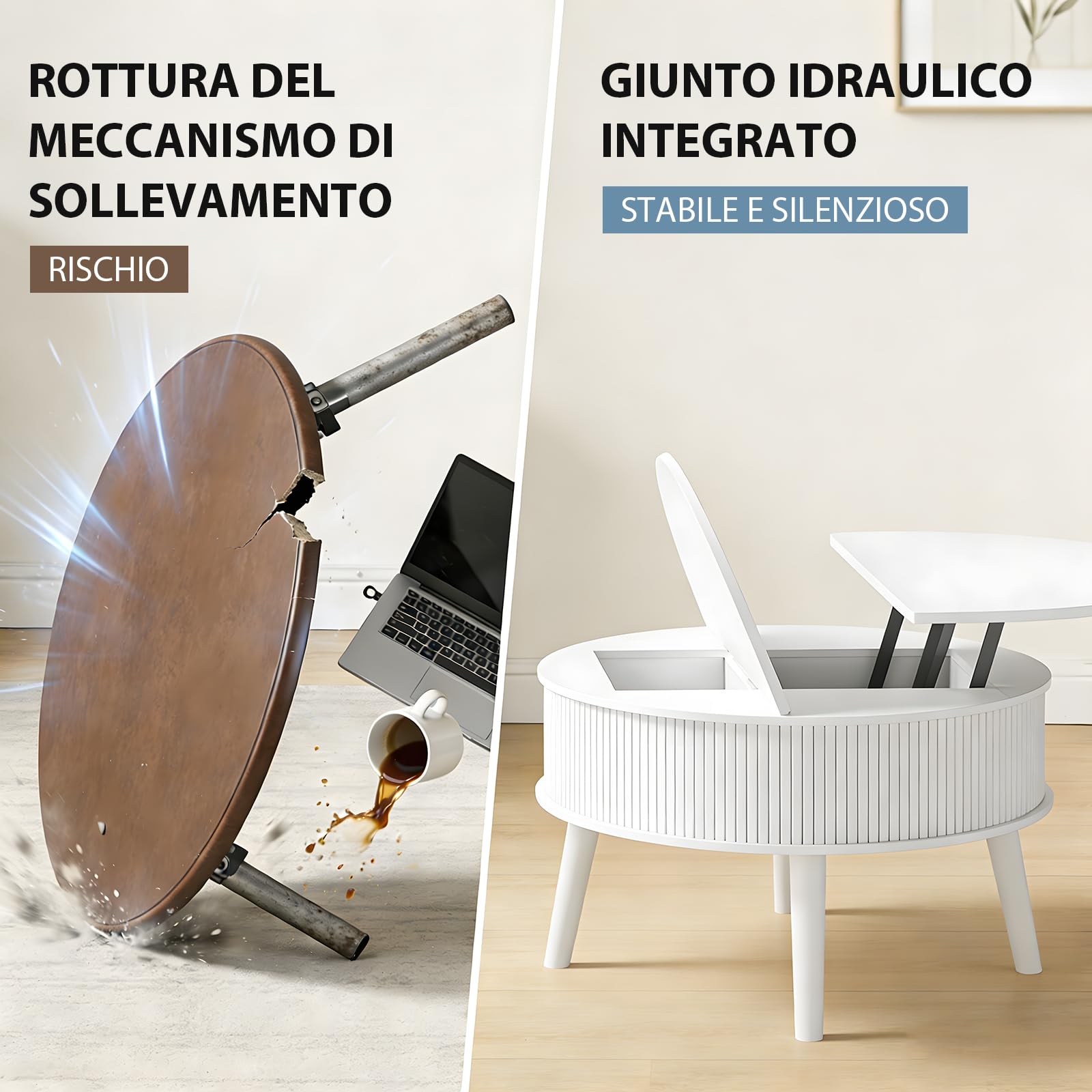 Mesa de Centro Redonda, Mesa Centro Salon con espacio de almacenamiento,Mesa de Café de estar en estilo moderno, con cajones, estanterías dobles y altura ajustable, Extensible y plegable,Color Blanco