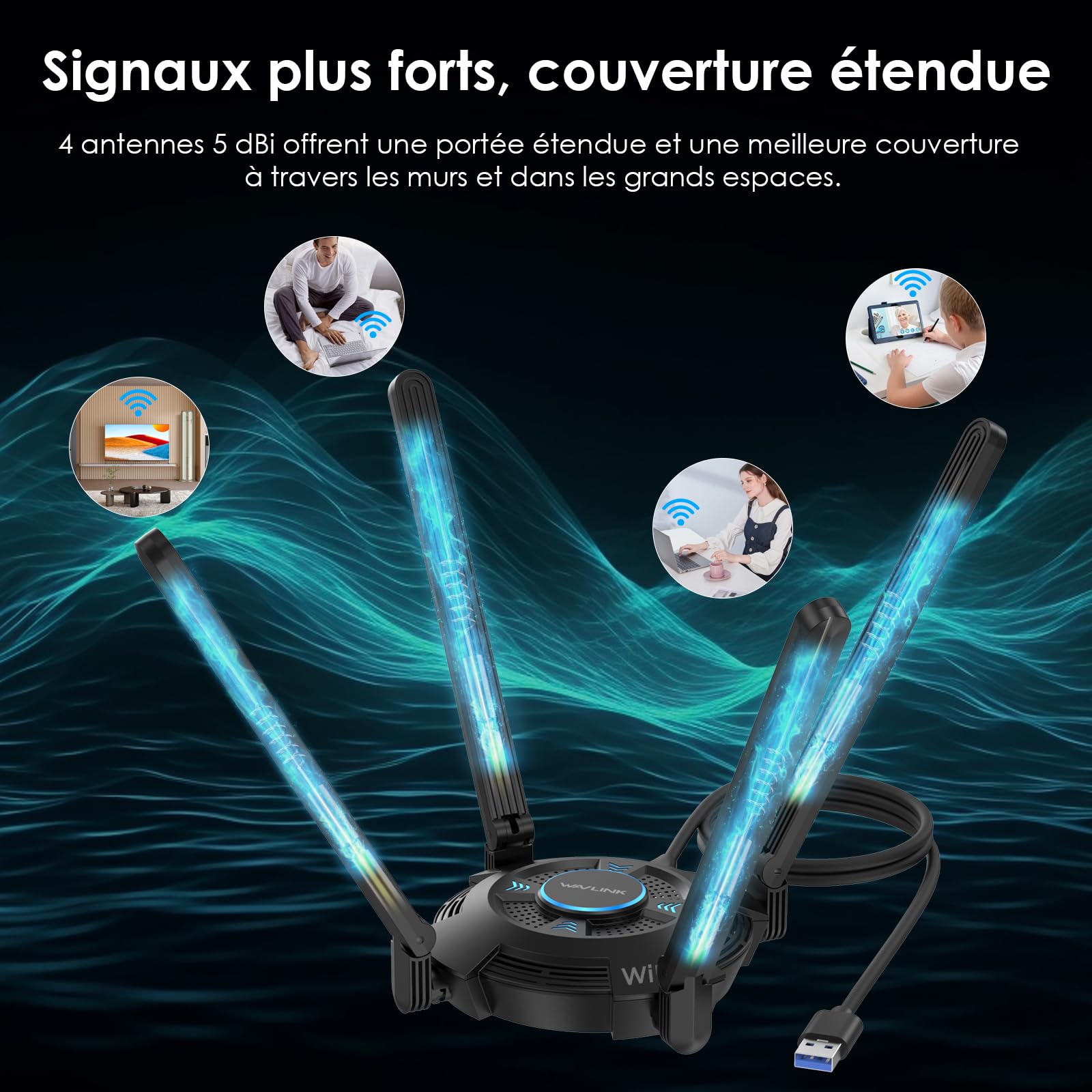 WAVLINK WiFi 7 USB WiFi Dongle pour PC, Adaptateur USB WiFi Tri-Bande BE6500 avec Pilote Intégré, WPA3, MLO & Multi-RU, Antennes Haut Gain 5dBi, Compatible Windows 11/10 Uniquement