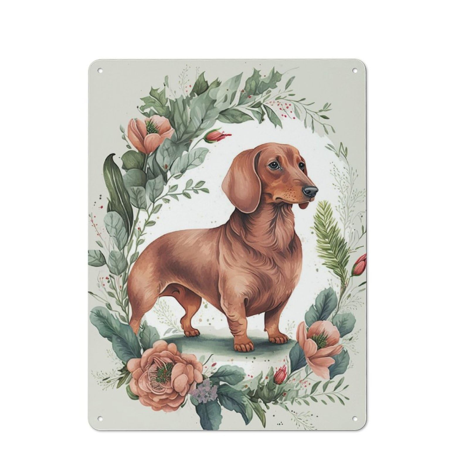 Junmoney Dachshund Floral Portrait Metal Plaque 40X30cm With For Hallway Wall, Retro Decor, For Wall Display Collectors