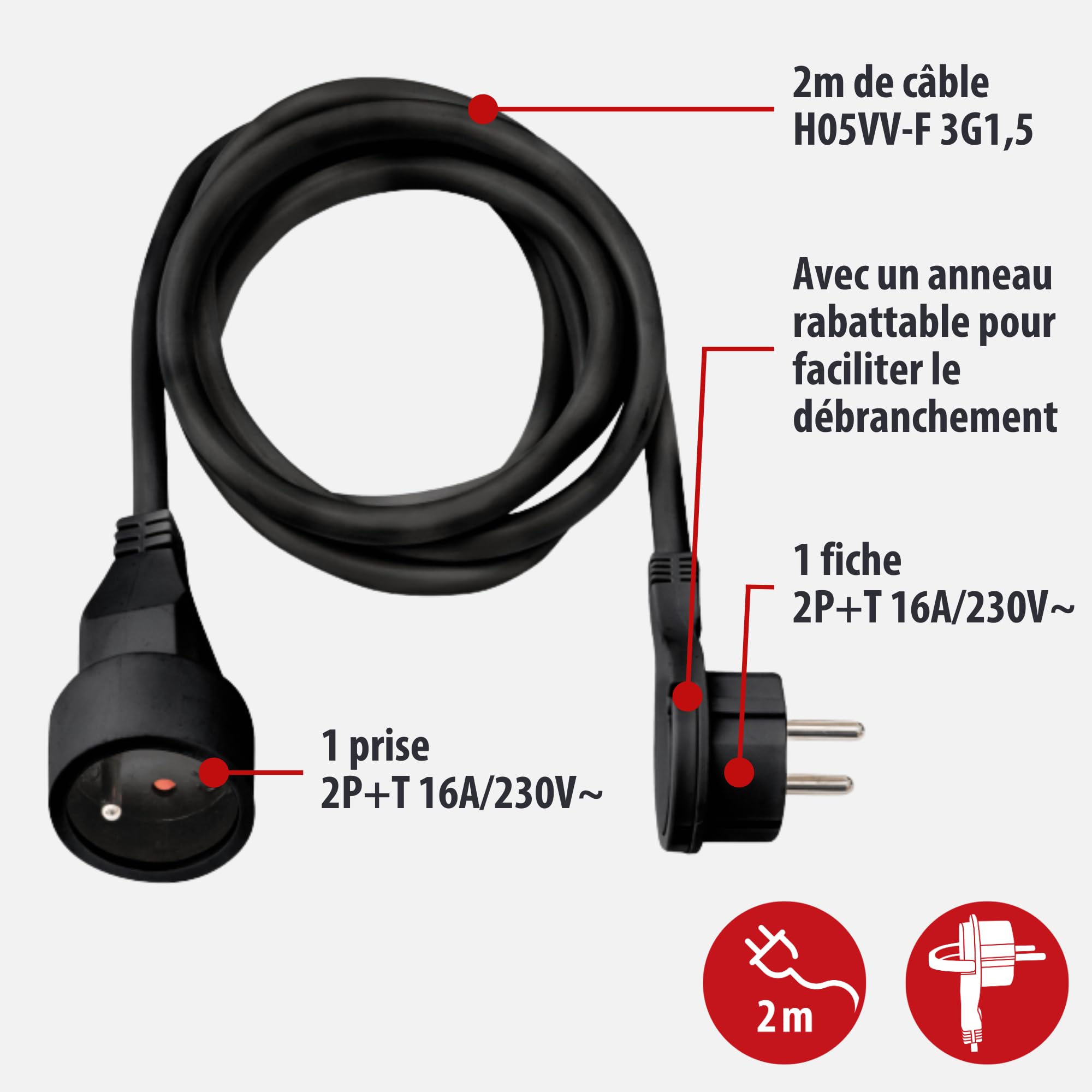 Brennenstuhl Rallonge 2m câble fiche plate Noir