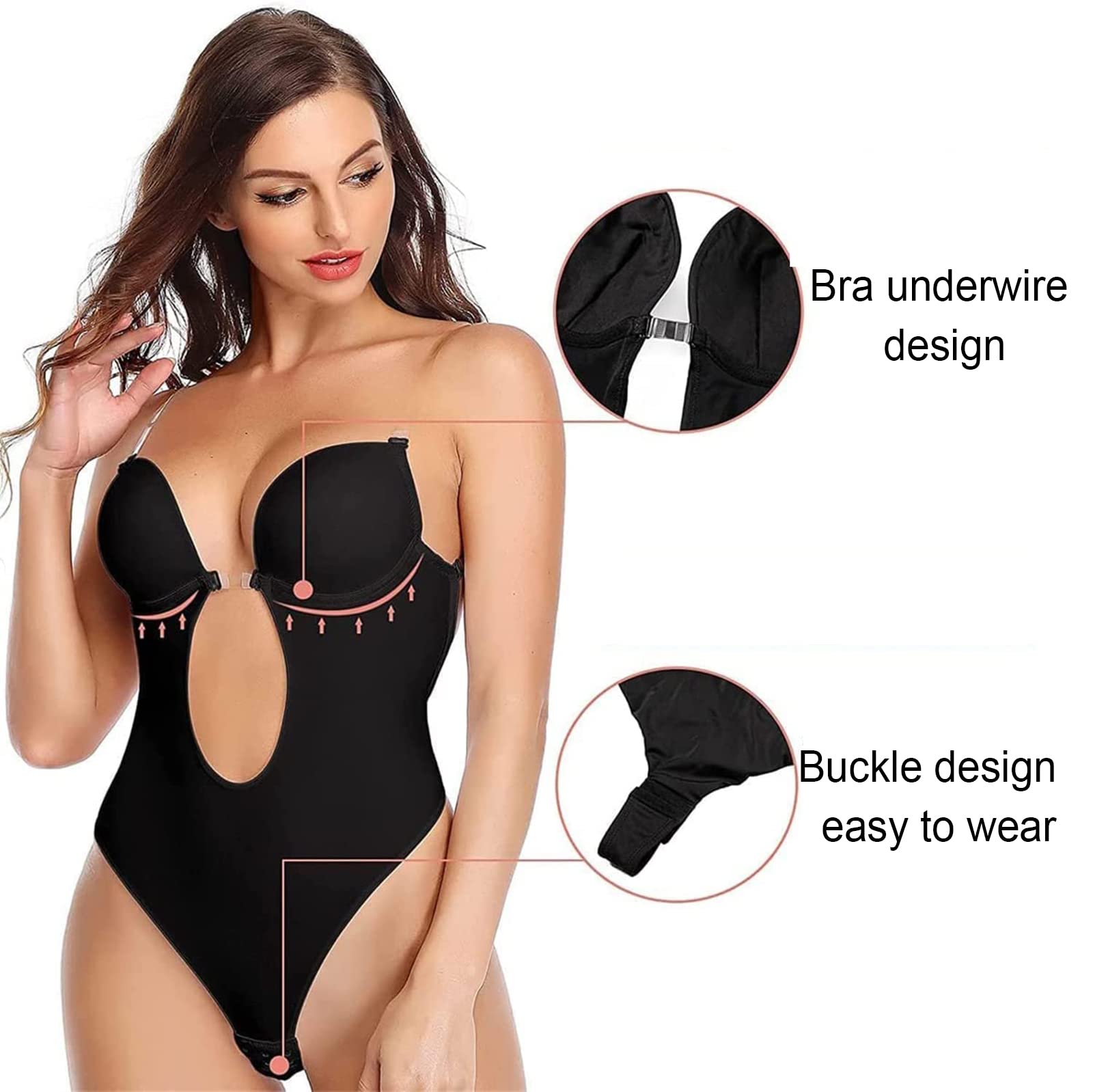 Faja Moldeadora sin Espalda para Mujer, Sujetador Moldeador en Forma de U, Body con Escote en V Profundo, Tanga sin Costuras con Tirantes Transparentes Invisibles para co