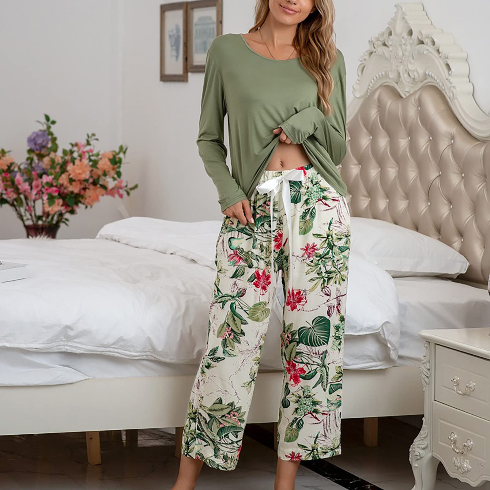 Generisch Pyjama long en coton pour femme - Motif floral - Col rond - Vêtement de nuit pour femme - Doux - Deux pièces - Ensemble de maison chaud pour l'hiver avec cordon de serrage - Vêtement de