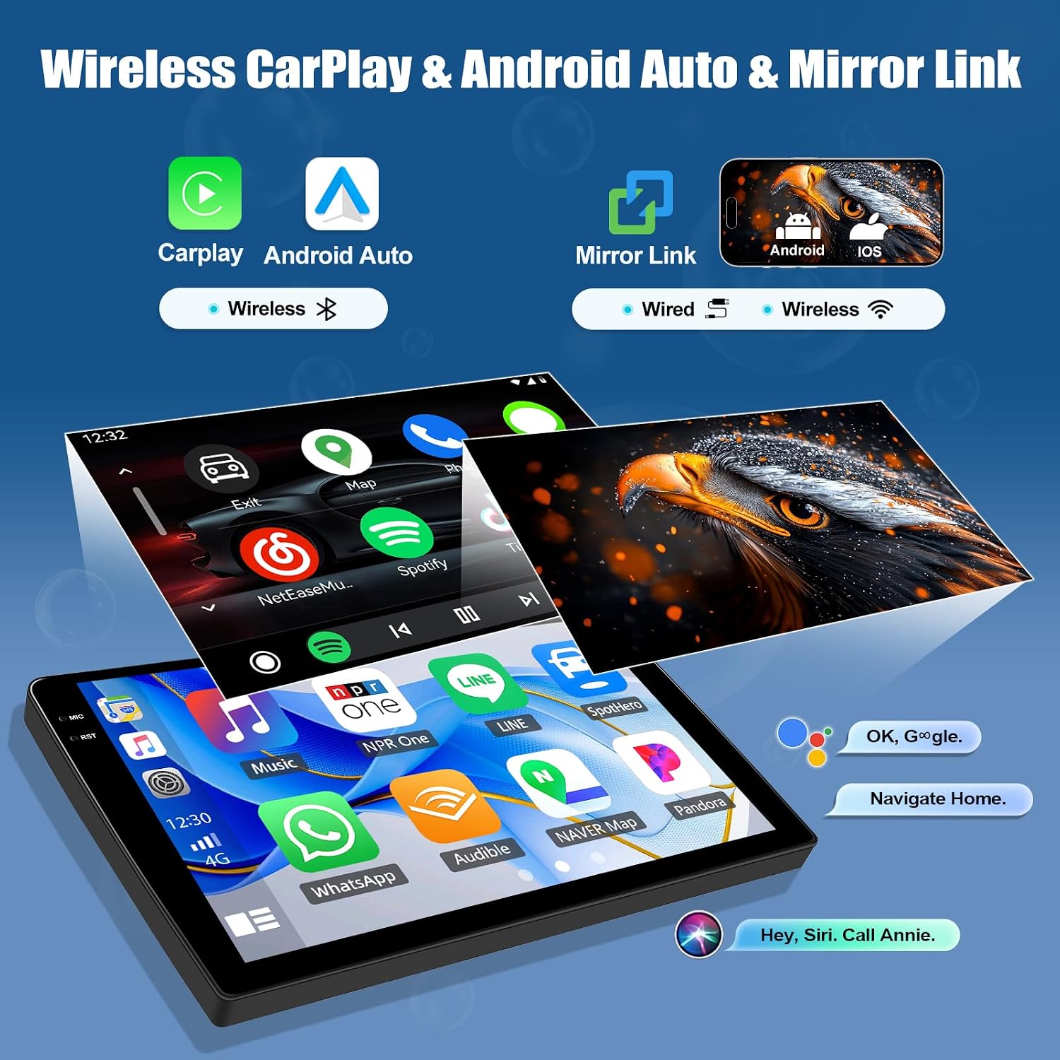 Screenshots showing Wireless CarPlay, Android Auto, and Mirror Link interfaces on the car radio.