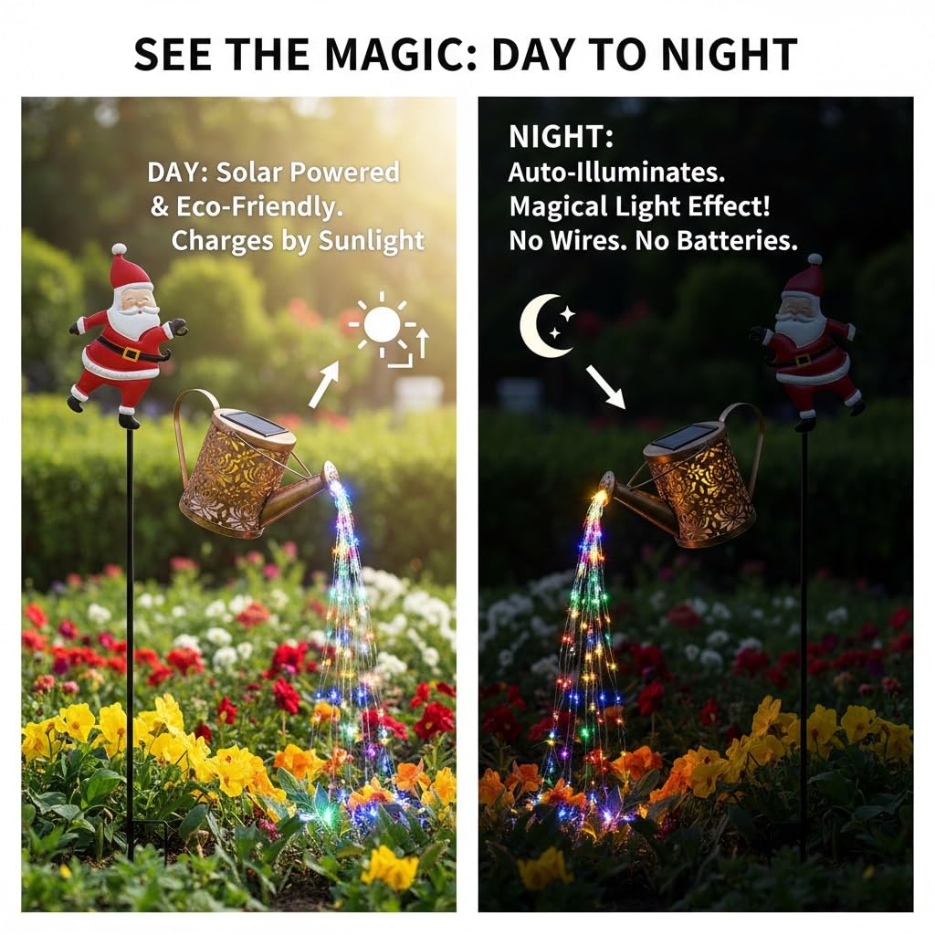 Lanterne Solaire Père Noël Arrosoir - 87cm - IP65 étanche - Charge Solaire, éclairage Automatique - Décoration Jardin Noël
