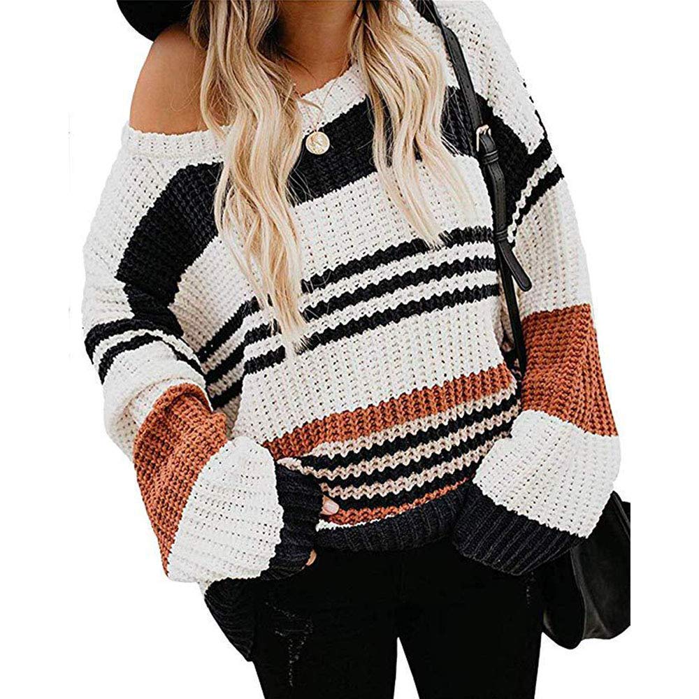 Women's Casual Long Sleeved Off Shoulder Knitted Sweater Leopard Print Loose top